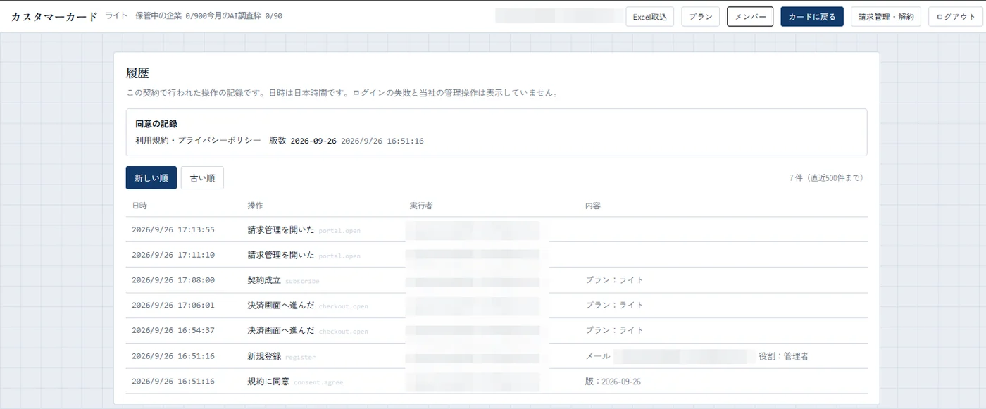 カスタマーカードの履歴画面。同意の記録と、新規登録・決済画面へ進んだ・契約成立・請求管理を開いたなどの操作が日時つきで並ぶ