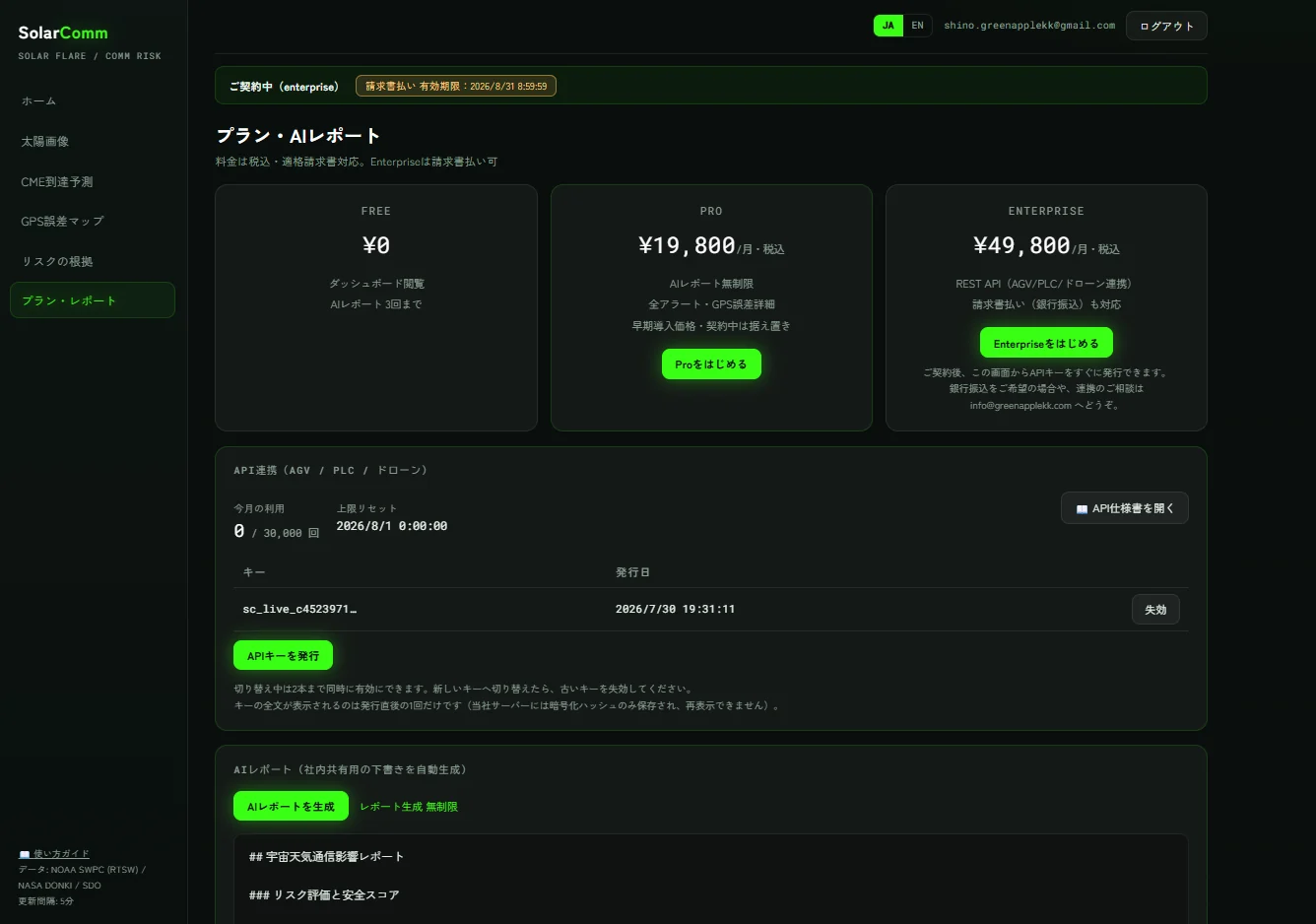プラン・AIレポート画面。契約状態と請求管理ボタン、API連携カード、料金プランの一覧